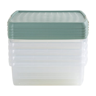 Wham Clip 5x 13.2L Square Plastic Storage Boxes with Secure Clip Lock Lids. L:39.5 x W:39.5 x H:12cm Clear/Green Milieu/Stone