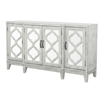 Armoire décorative 4 portes à treillis en bois blanc vieilli