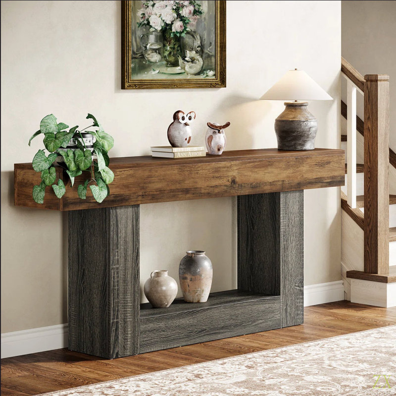 63" Farmhouse Console Table With Storage – 2-Tier  Entryway Sofa Table Behind Couch, Narrow Hallway Accent Table With U-Shaped  Base