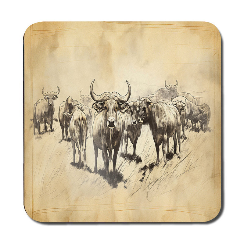 Antique Sketch Cattle Herd Placemat And Coaster Set