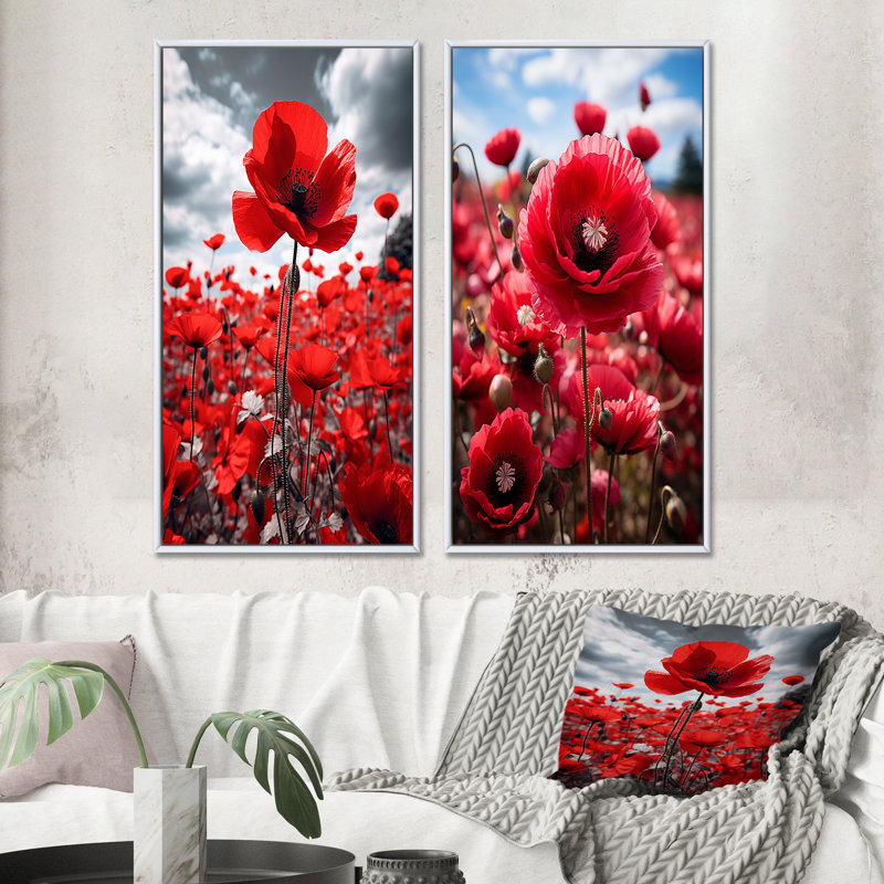 Symphonie écarlate «Flower Field» - 2 pièces, H 32 po x l 32 po, Cadre blanc