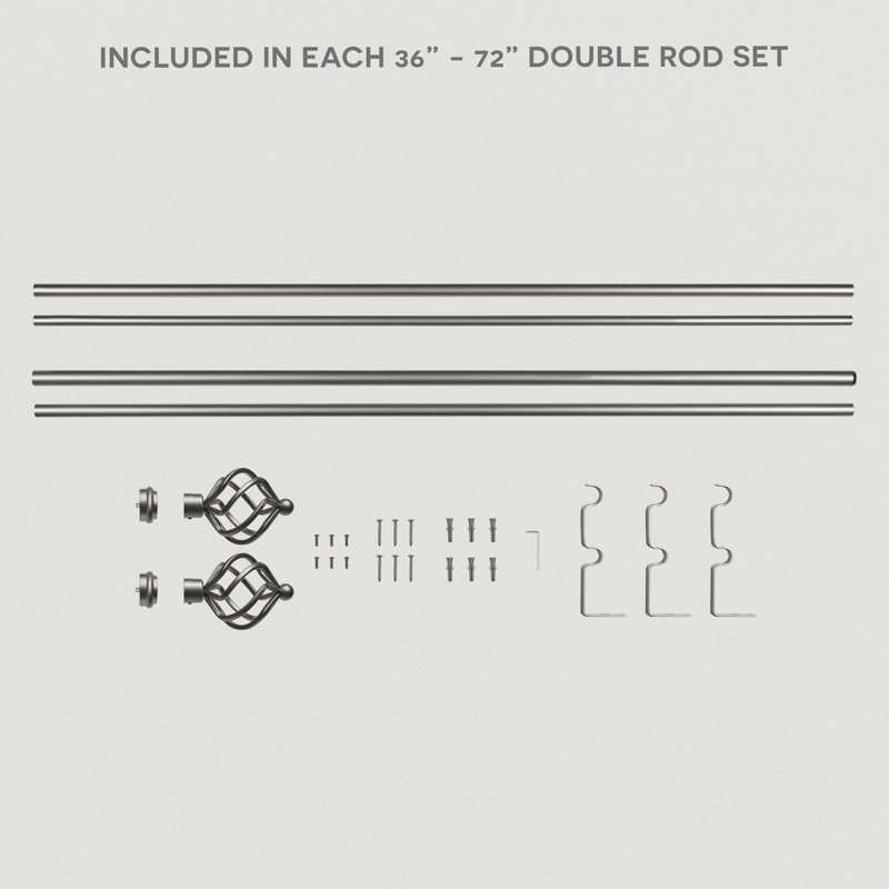 Gunmetal Double Curtain Rod with Twisted Iron Finials, 36"-72"