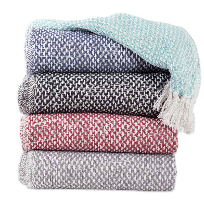Barn Red Cotton Woven Throw with Sherpa Fringe