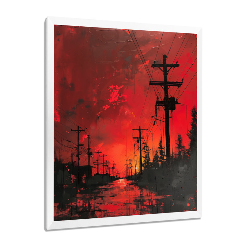 Rouge, noir, lignes électriques à l'obscurité I - art mural lignes électriques, Cadre simple blanc, H 16 po x l 32 po