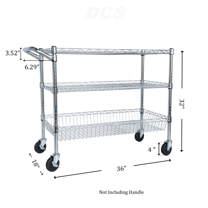 Chariot utilitaire roulant robuste, chariots roulants à 3 niveaux avec roues, avec guidon et tablettes, chariot de rangement 36 po x 18 po x 32 po pour la cuisine, le restaurant, la présentation des plantes, chrome