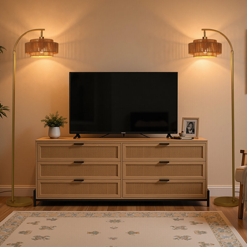 Lampe sur pied en rotin arqué 69,6 po avec lumière DEL et télécommande Aarzo (ensemble de 2)