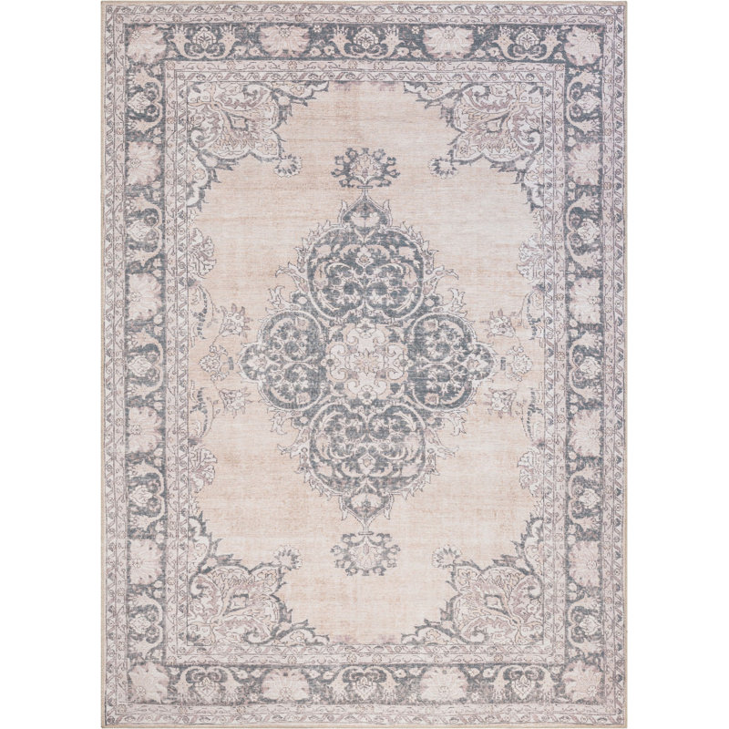 Nile Vintage Machine Washable Flat-Weave Medallion Beige Rug, Rectangle 152 x 214cm