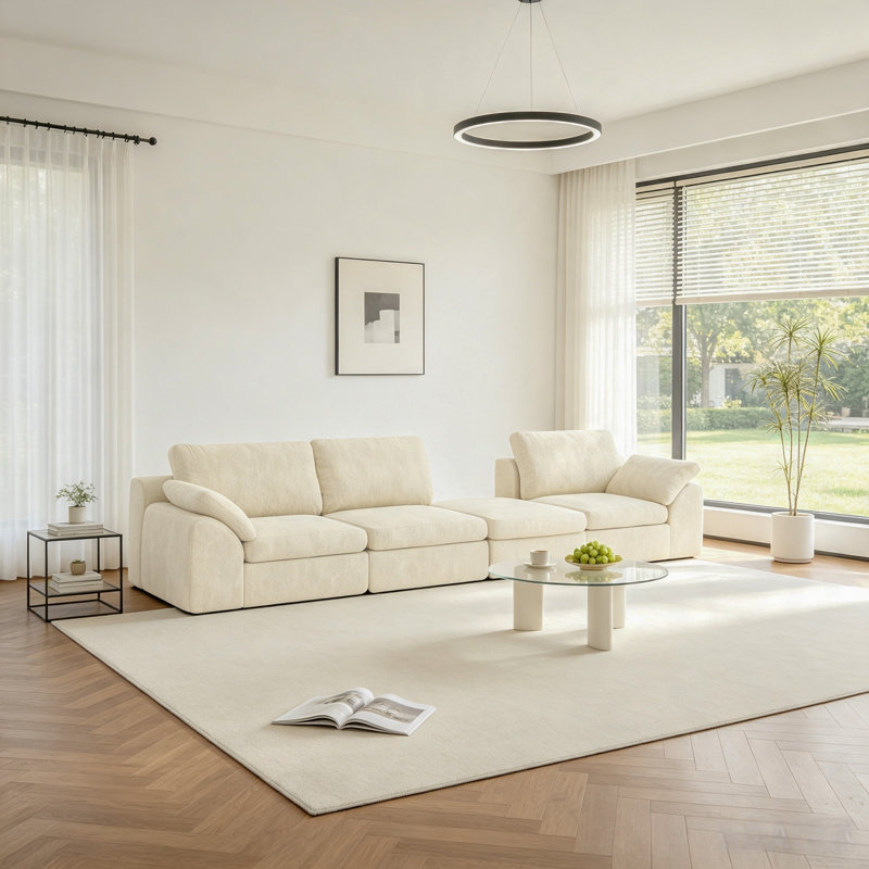 Canapé d'angle modulaire 3 places en peluche avec pouf et méridienne, canapé moderne et minimaliste pour salon/chambre, Crème