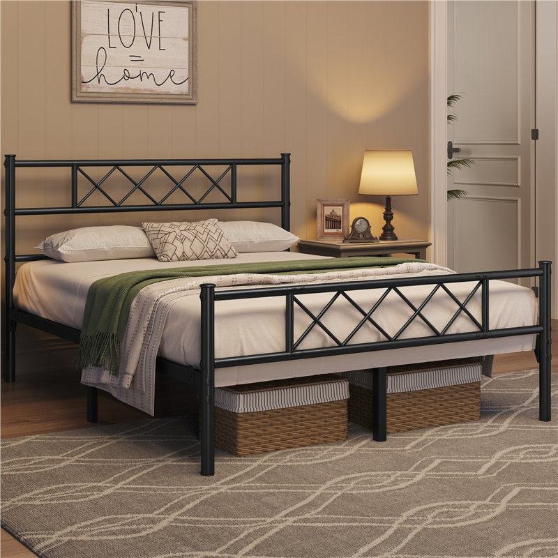 Modern Metal Bed Frame with Cross-design Headboard & Footboard, Kingsize (5'), Black