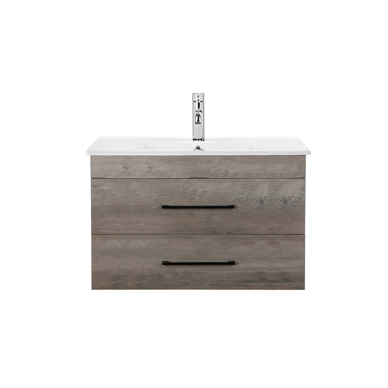 Meuble-lavabo mural avec tiroirs doubles et système de fermeture en douceur, lavabo en céramique pour créer un espace de salle de bain moderne et minimaliste