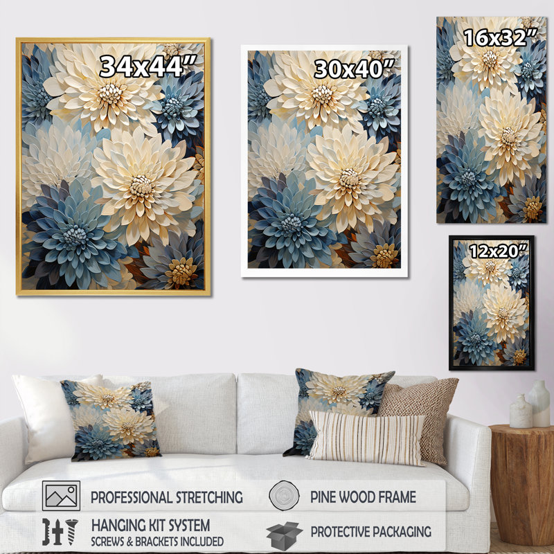 Minimalisme «Blooming Mums» en beige et bleu pâle III sur toile, Cadre doré simple, H 44 po x l 34 po x P 1,5 po