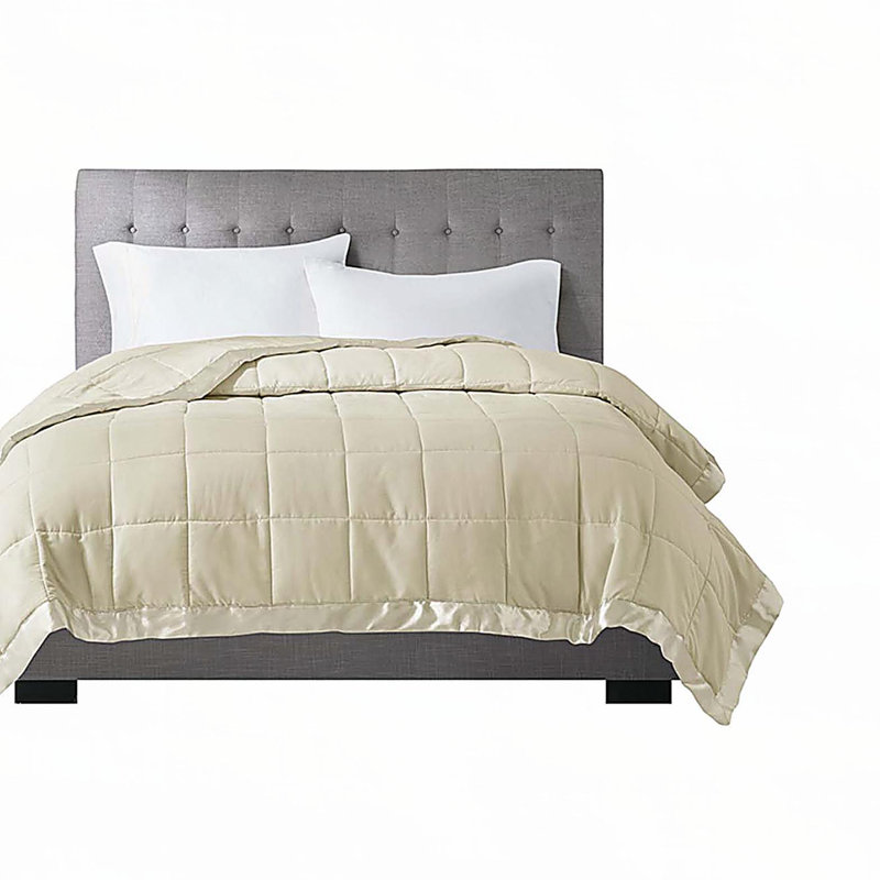 Couverture légère en duvet synthétique avec bordure satinée crème, Crème, crème, Très grand lit