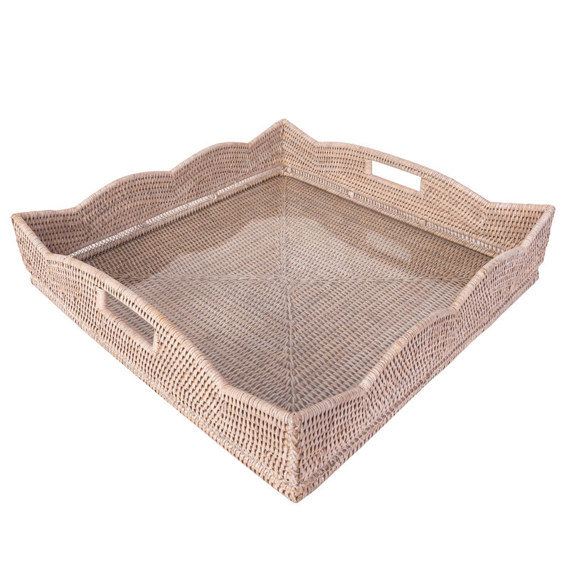 Plateau en rotin fait à la main Landry, With Glass, H 4,5 po x l 20 po x p 20 po, Blanc délavé