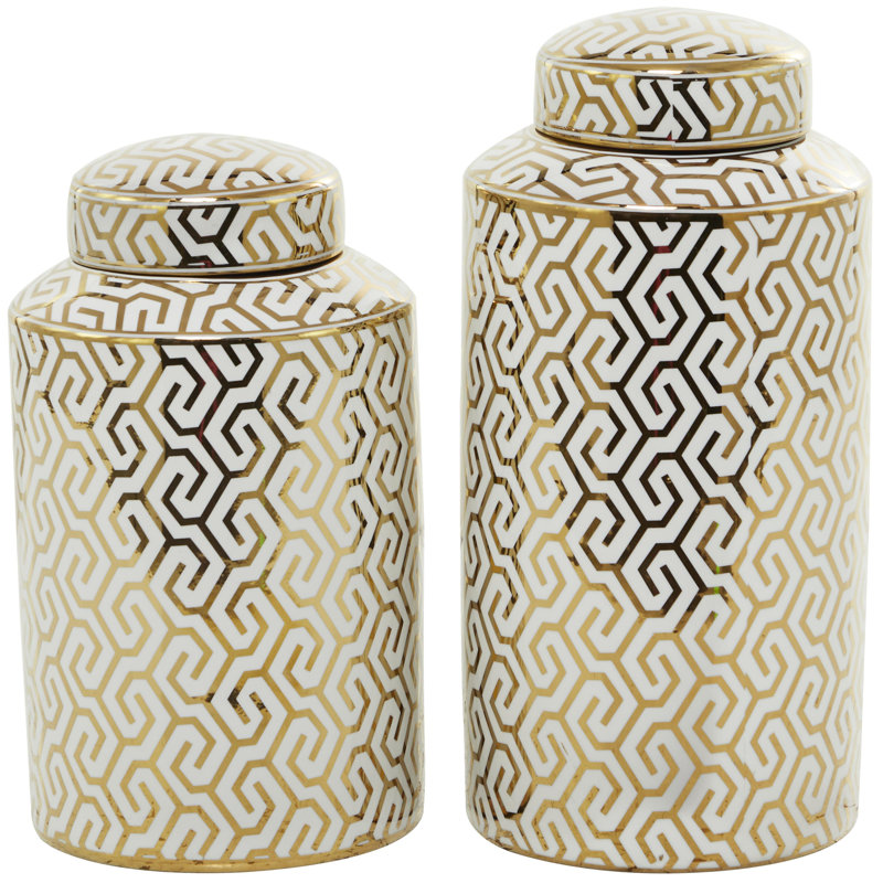 Ceramic Decorative Jars with White Floral Patterns Set, Gold