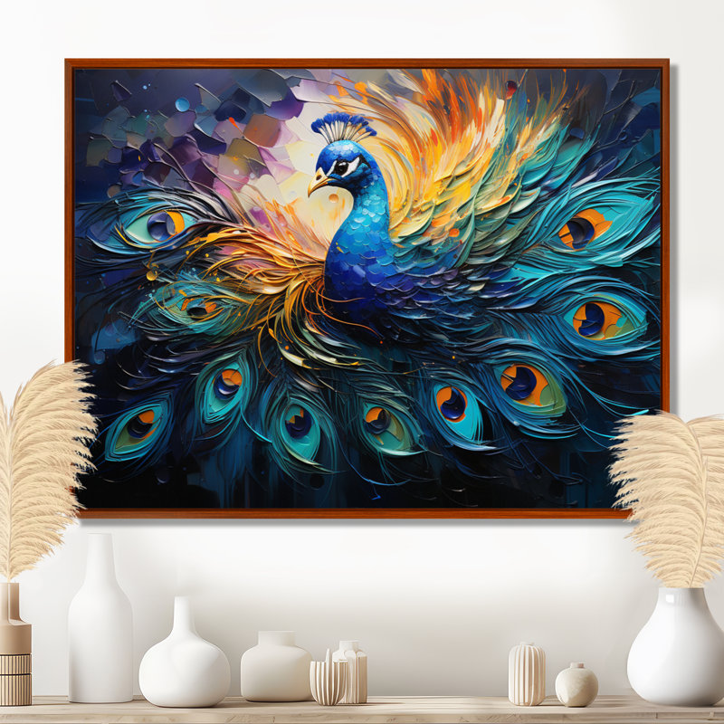 Plume de paon II - Art mural paon, H 30 po x l 40 po x P 1,5 po, Cadre flottant brun