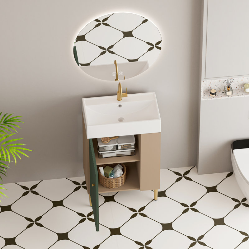 Meuble-lavabo compact à fermeture en douceur 21,6 po, étagère ouverte et meuble-lavabo en céramique teinté avec évier, bois imperméable, nécessitant peu d'entretien