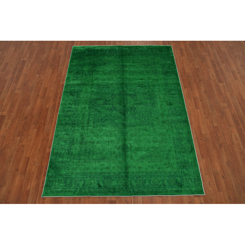 Tapis vert vibrant de style rétro 5 x 7 avec des motifs complexes