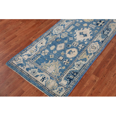Blue Geometric Oushak Vegetable Dye Runner Rug
