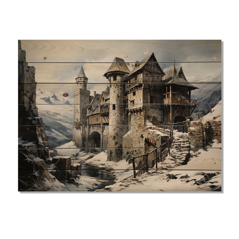 Mediaval Castle In Winter Charm I - Castles On Wood Print, 10" H x 20" W
