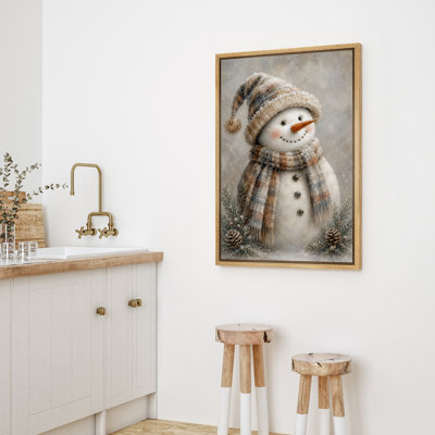 Charming Snowman with Plaid Hat and Scarf Framed Canvas Master Bedroom Wall Art Work Print