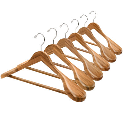 6 Pack Natural Wide Shoulder Bamboo Wooden Suit Coat Hangers, Bamboo Clothes Hangers with Pants Bar, Heavy Duty Bamboo Jacket Hangers for Dress, Pants, Heavy Clothes