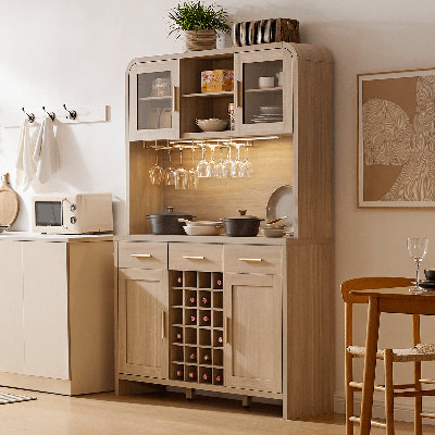 50in Wide 77in Tall Buffet Cabinet with Glass Doors, Wine Rack & Built-in Charging Station