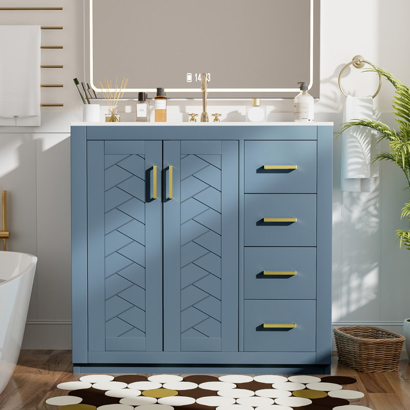 Meuble-lavabo de 36 pouces avec lavabo en céramique, structure en bois massif, 3 tiroirs, portes à fermeture douce, planches, rangement spacieux pour les essentiels, design rétro, poignées exquises, glissière à tiroir lisse, rainure unique