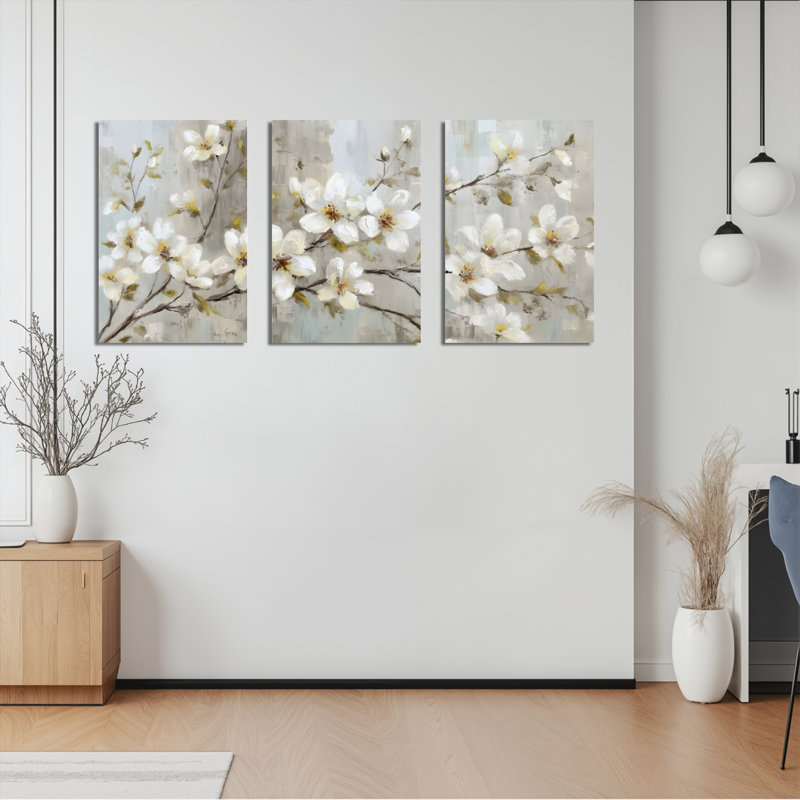 Tableau mural sur toile tendue à motif floral blanc (paquet de 3), H 36 po x l 72 po