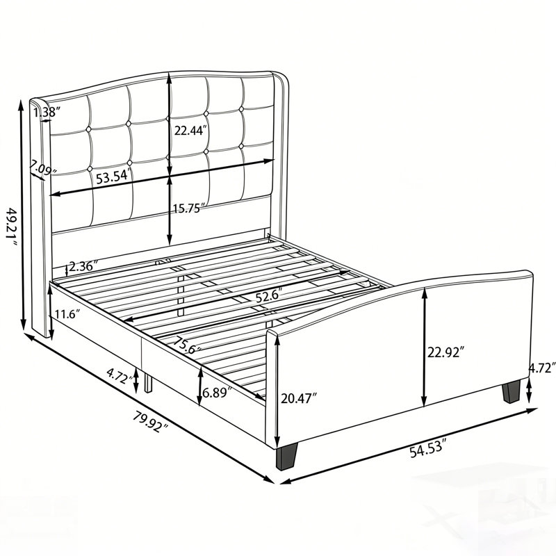 Bed Frame with High Back Upholstered Headboard, Full, White