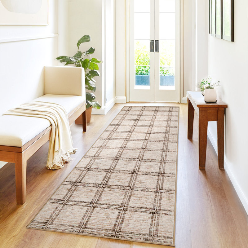 Rectangle Geometric Washable Area Rug, Tan, Runner 60 x 230 cm