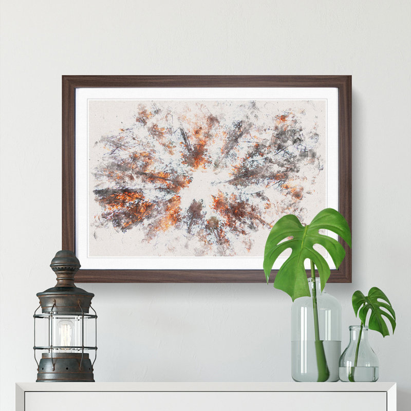 Autumn Forest Reaching Upward Watercolour - Single Picture Frame Print on MDF, Walnut Framed, 62cm H x 87cm W x 2cm D