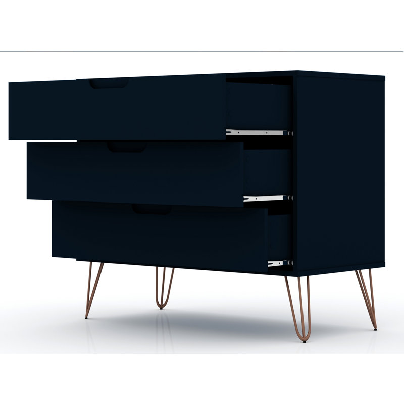 Rockefeller 35" Mid-Century Modern 3-Drawer Bachelor's Chest in Midnight Blue, Tatiana Midnight Blue