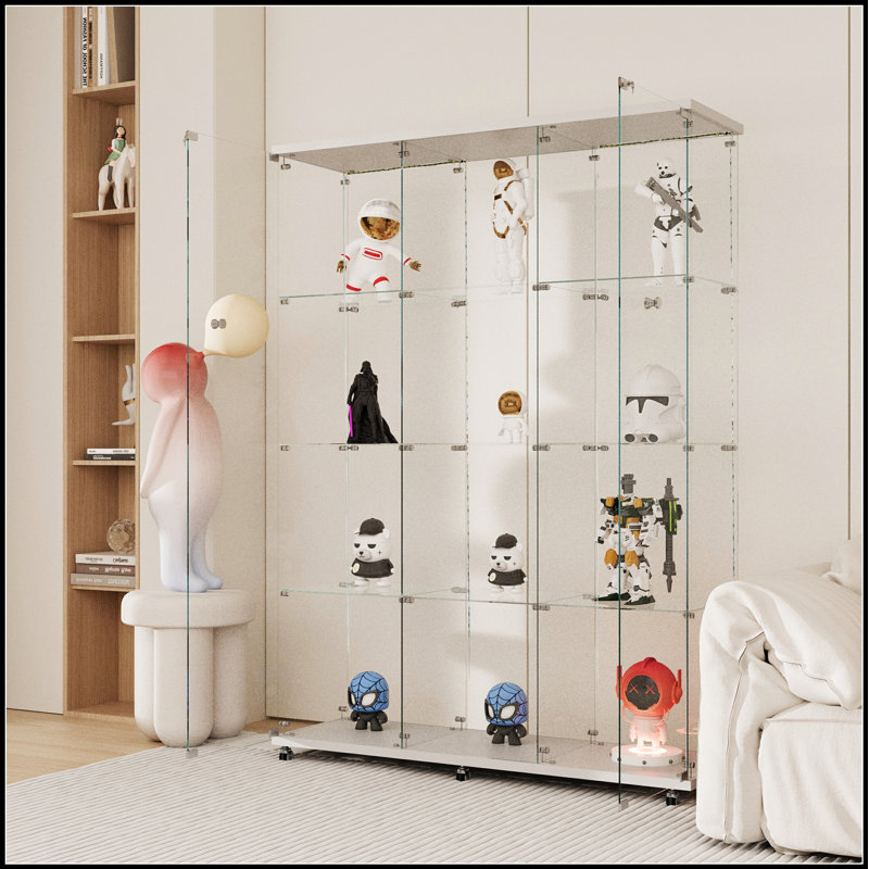 Armoire de rangement polyvalente en verre trempé avec DEL Bluetooth, serrure et roulettes pour une mobilité facile, finition blanche