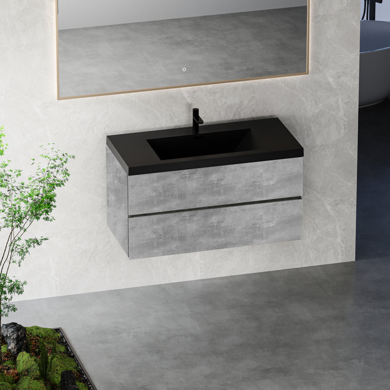 Meuble-lavabo de 42 po avec lavabo à sable en quartz noir, tiroirs à fermeture en douceur, gris et ciment
