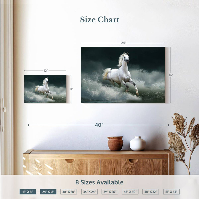 Brampt cheval qui court sauvage sur l'eau, H 16 po x l 24 po