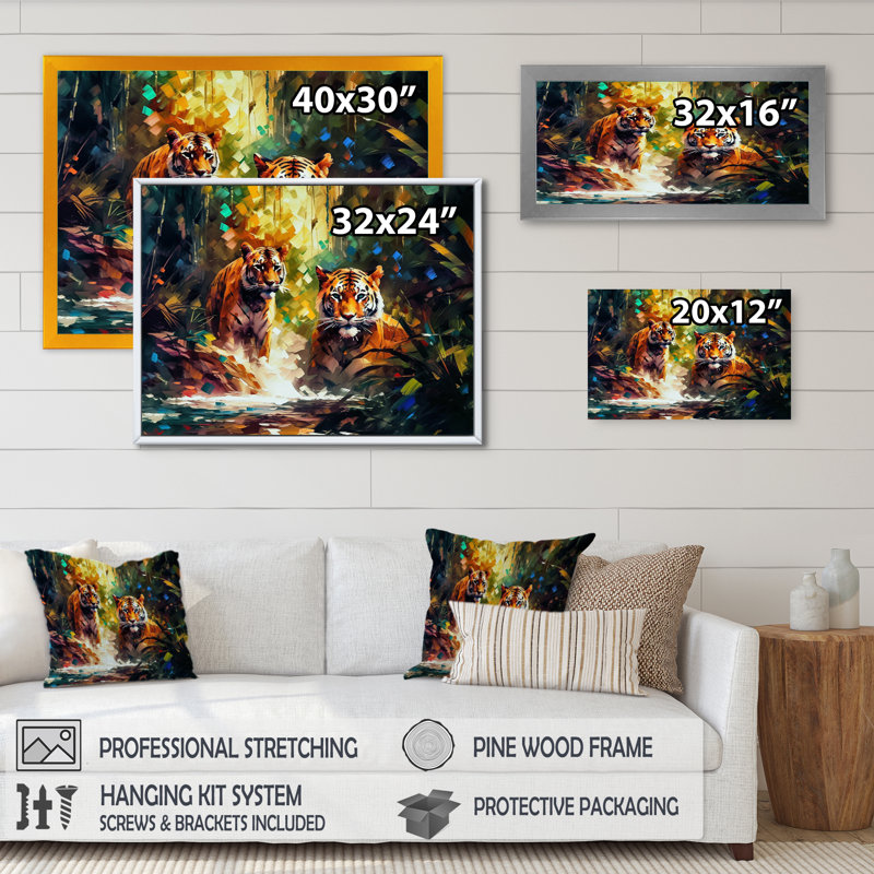 Décoration murale tigres colorés dans la nature - tigre, H 24 po x l 32 po x P 1 po, Toile tendue