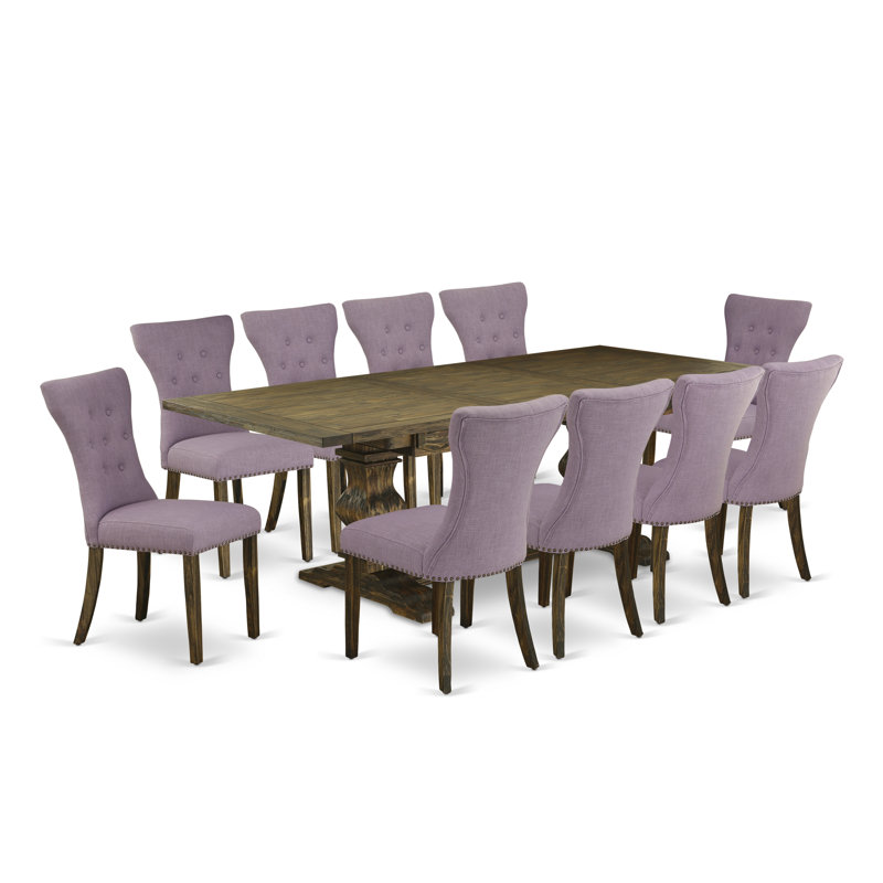 11 Piece Dinette Set Includes a Rectangle Dining Room Table with Removable Leaf and 10 Dahlia Linen Fabric Parson Dining Chairs, Distressed Jacobean