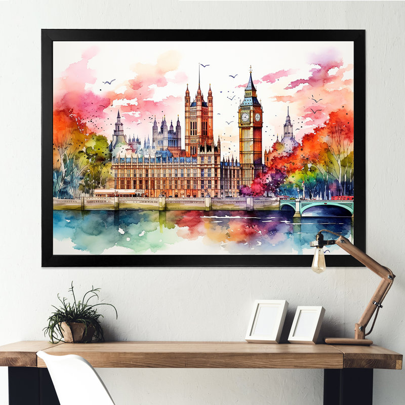 Big Ben London Skylines At Sunset II - City London Wall Ar, Cadre flottant doré, H 24 po x l 32 po x P 1 po