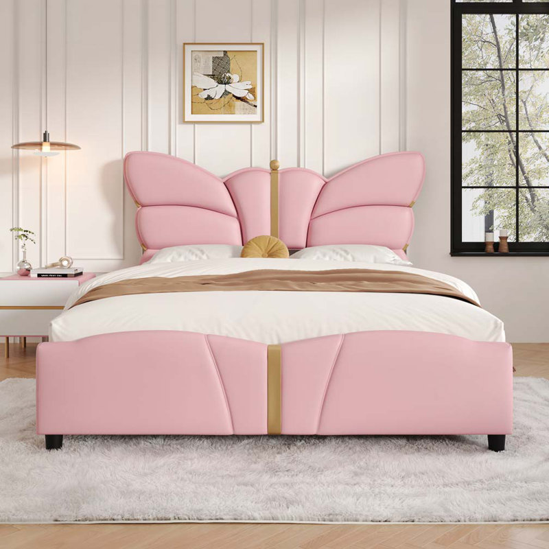 Structure de lit rembourrée en similicuir, avec tête et pied de lit en forme de papillon, Double, Rose clair