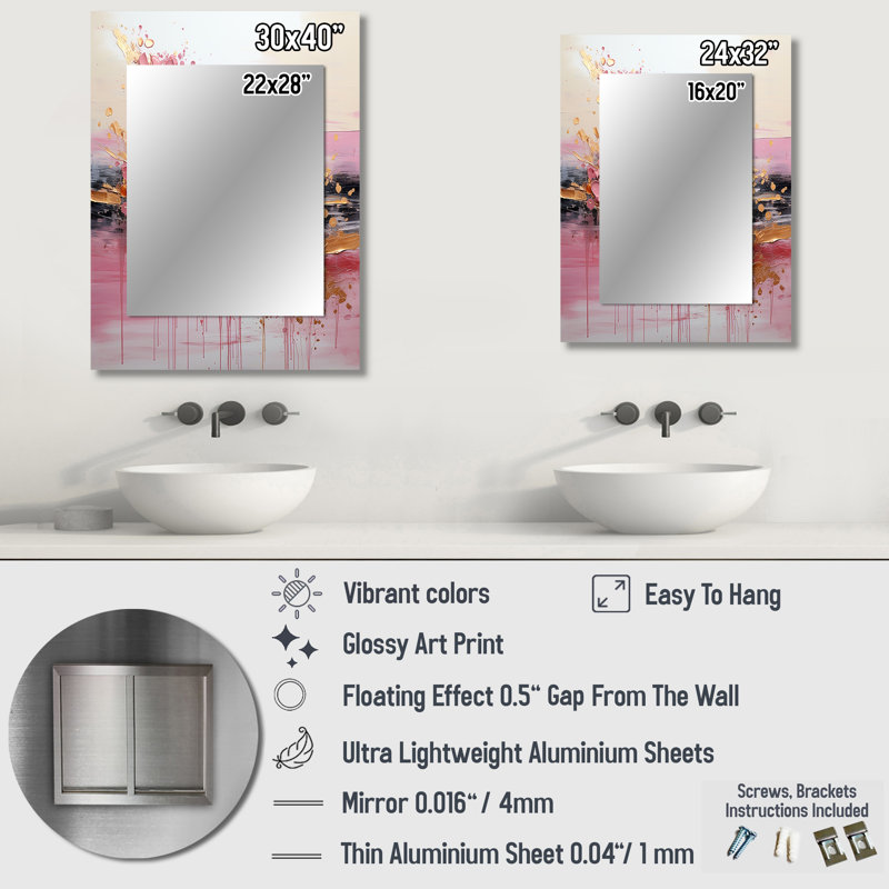 Gold and Pink Modern liquid Shapes II - Shapes Mirror, Gold Unique Wall Mirror, Printed Metal Art, 32" x 24"