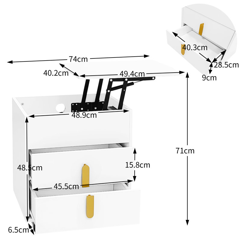 Bedside table with USB charging interface and lifting table, White