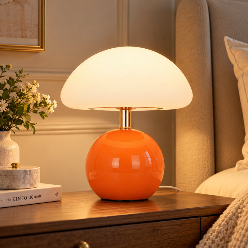 Lampe de table à DEL en céramique de 7 pouces avec abat-jour blanc en forme de champignon pour éclairage de chevet douillet