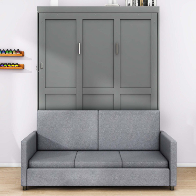 Lit escamotable en bois avec coussin, gris, Complète
