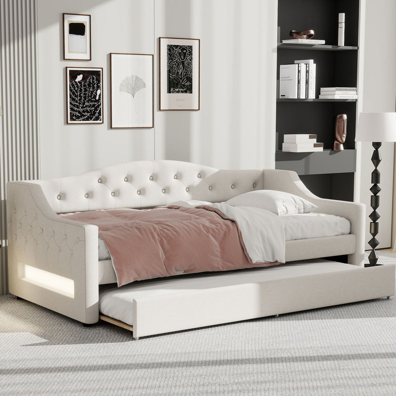 Lit de jour rembourré avec ceinture DEL et lit gigogne, Simple extra long, Beige