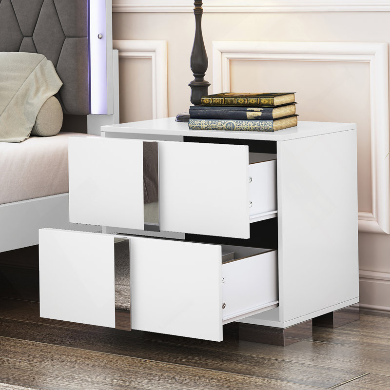 Table de chevet élégante, poignée en métal, miroir, 2 tiroirs, Blanc