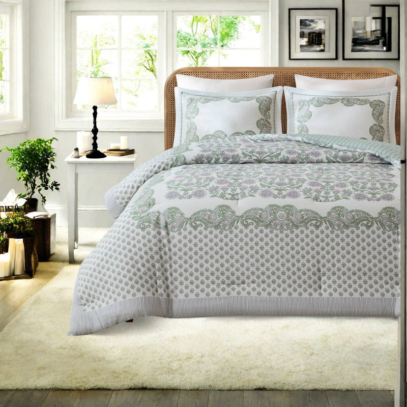 Ensemble de literie pour très grand lit, mélange de coton floral, vert sauge toutes saisons
