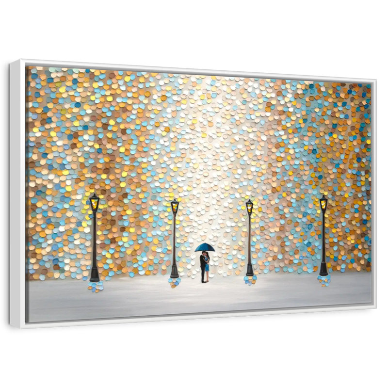 Baiser sous la pluie dorée, Cadre flottant blanc, 25 po x 17 po