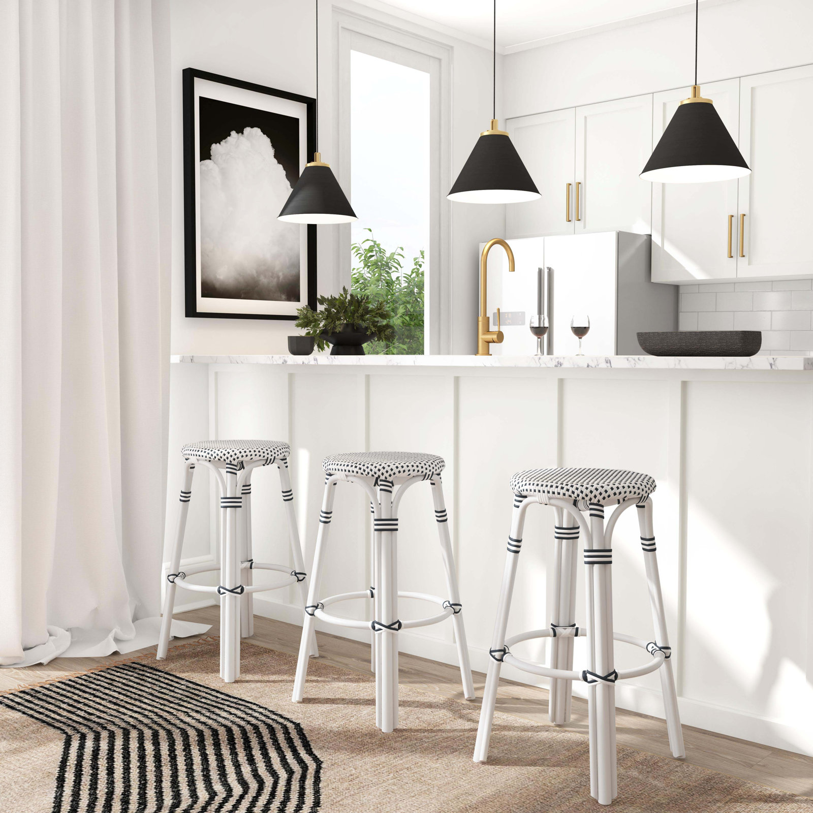 Alastair Bar & Counter Stool, Bar Stool (30" Seat Height), White/Black Dot/White Rattan Frame