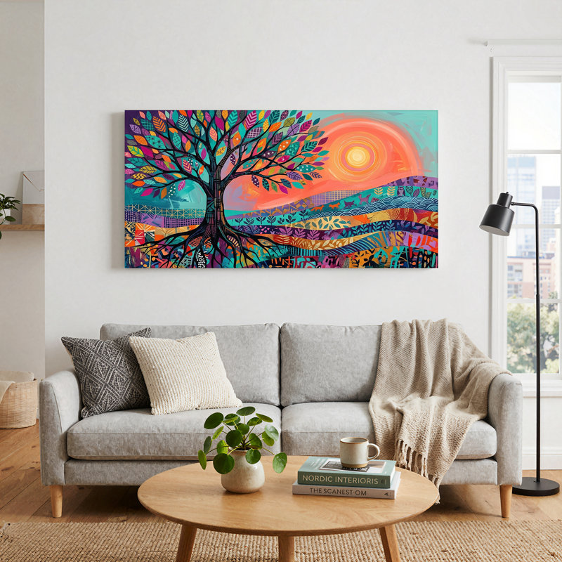 Art mural sur toile avec motif de soleil tourbillonnant orange et montagnes superposées, L 40 po x H 20 po