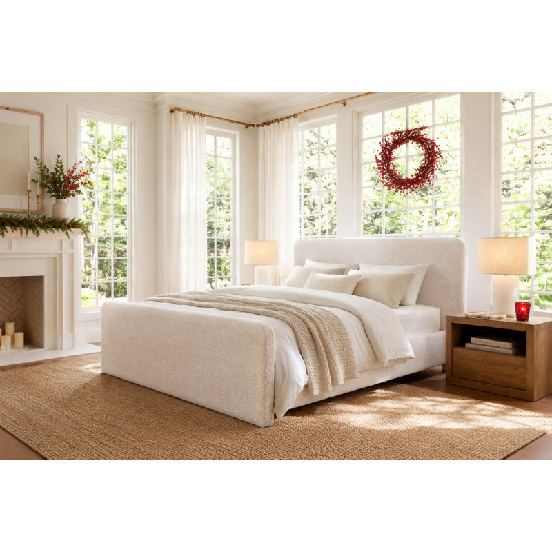 Kaiser Mid-Century Upholstered Platform Bed, Ivory Boucle, Queen